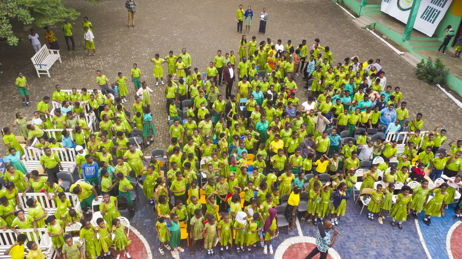 An aerial view of a school event